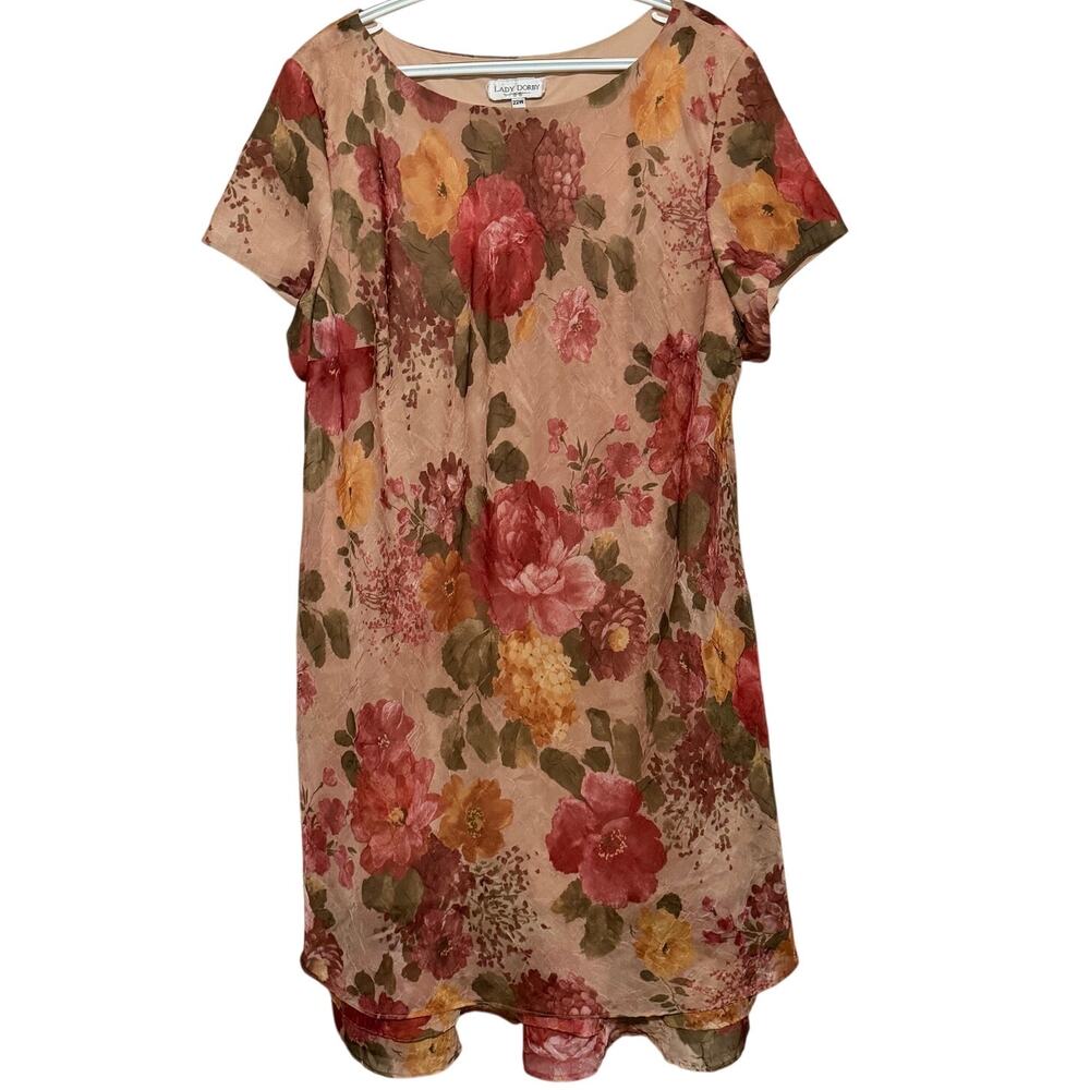 Lady Dorby Women's Vintage Tan Floral Crinkle Chiffon Short Sleeve Dress 22W